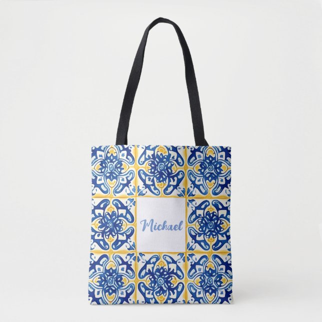 Bolso De Tela Viaje En Summerge De Azulejos Amarillos Y Azules (Anverso)