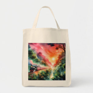 Bolso De Tela Viaje en tren al atardecer tropical acuarela