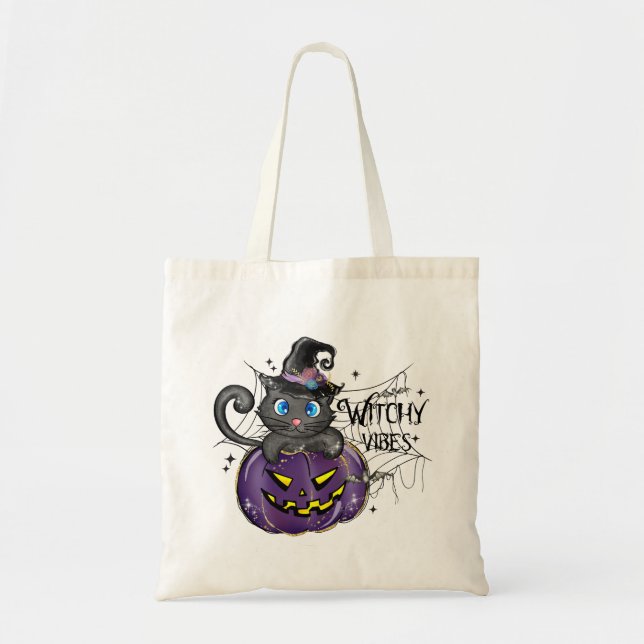 Bolso De Tela Vibes de brujería | Gato negro WItch y Jack-O-Lant (Frente)