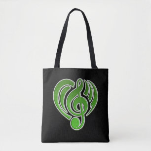 Bolso De Tela Vibraciones Amor Musical Corazón Verde Nota Musica