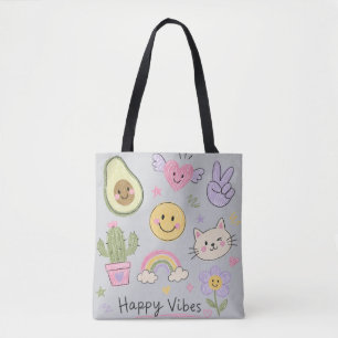 Bolso De Tela Vibraciones Felices Kawaii Doodle   Cara Sonriente