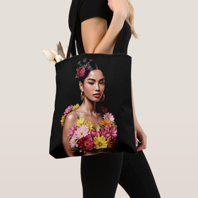 Bolso De Tela Vibrant Floral Woman Portrait Moody Art (Detalle)