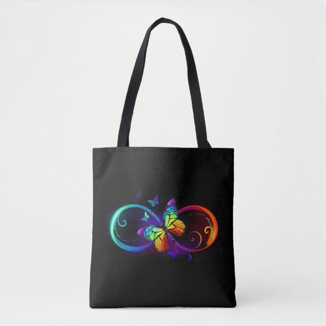 Bolso De Tela Vibrant infinity with rainbow butterfly on black (Anverso)