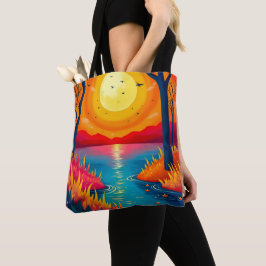 Bolso De Tela Vibrant Orange Sunset Lake Landscape Art