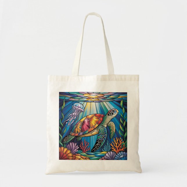 Bolso De Tela Vibrant Stained Glass Sea Turtle Ocean Design (Frente)