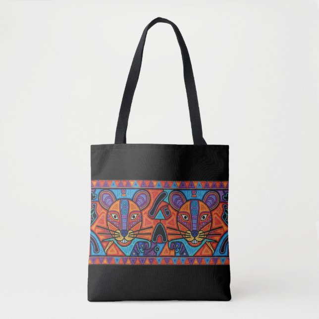 Bolso De Tela Vibrant Tribal Spirit Cats Tote Bag – Huichol- (Anverso)