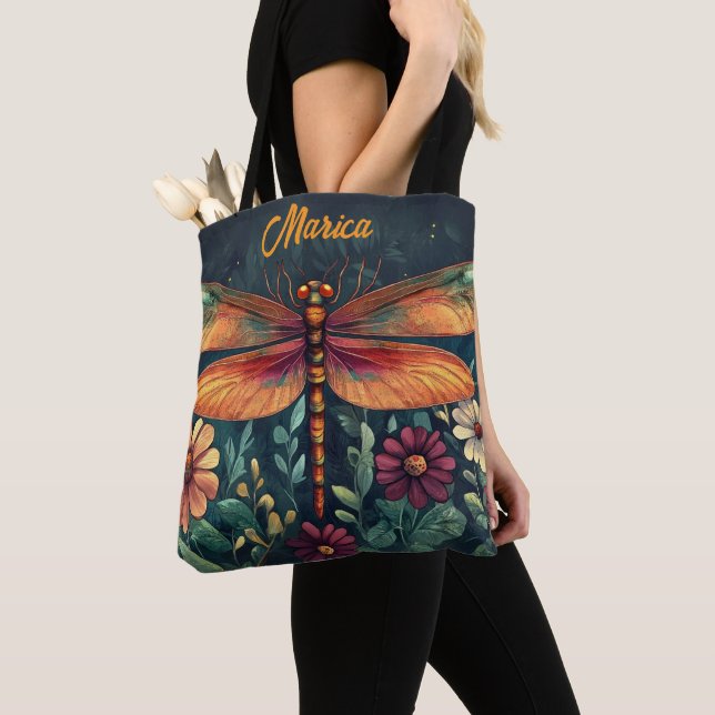 Bolso De Tela Vibrante Dragonfly Floral Shades Naranja Verde (Detalle)