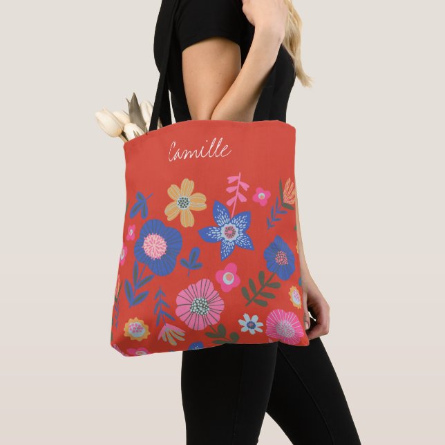 Bolso De Tela Vibrante escritura tropical floral roja personaliz (Detalle)