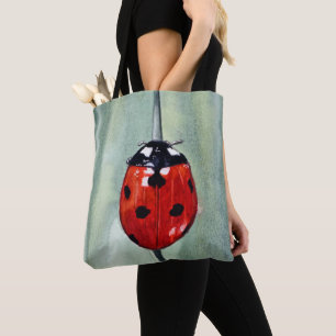 Bolso De Tela Vibrante mariquita sobre fondo verde, acuarela