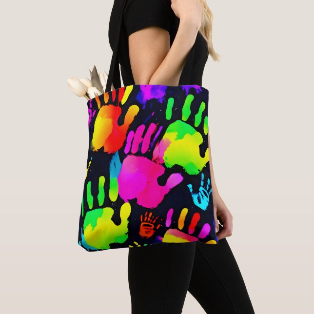 Bolso De Tela Vibrante Neon Handprint Art (Detalle)