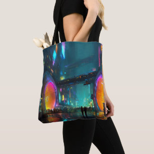 Bolso De Tela Vibrante paisaje urbano Cyberpunk con arcos