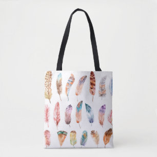 Bolso De Tela Vibrantes plumas Boho: Ilustracion acuarela