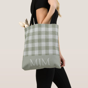 Bolso De Tela Vichy Verde Salvia Monograma Nombre Personalizado