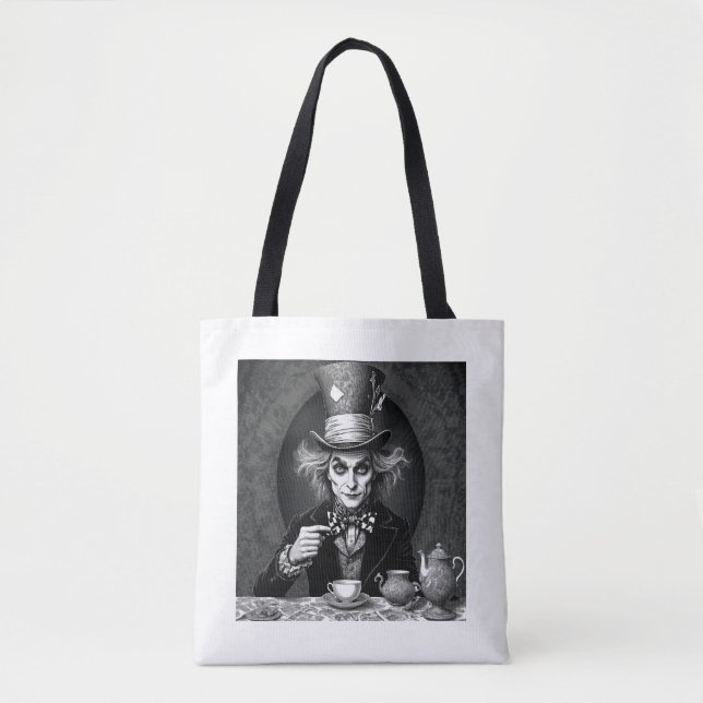 Bolso De Tela Victoriano Mad Hatter Black & White (Anverso)