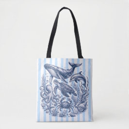 Bolso De Tela Vida Marina Vintage Azul Rayas Náuticas