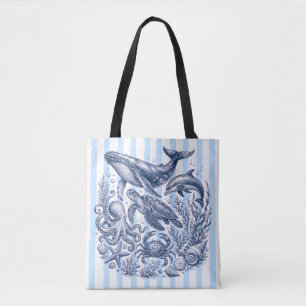 Bolso De Tela Vida Marina Vintage Azul Rayas Náuticas