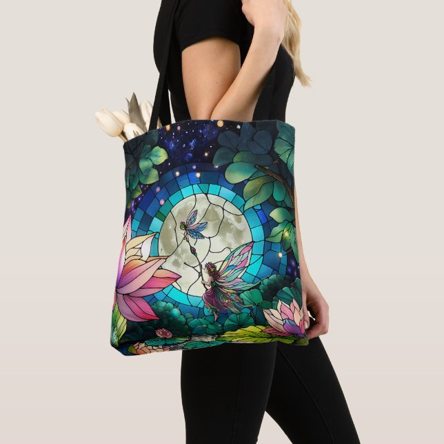 Bolso De Tela Vidriera de una pequeña hada con libélula (Detalle)