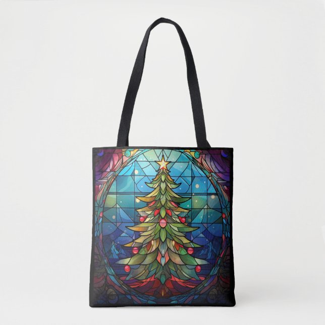 Bolso De Tela Vidrio manchado de árbol de Navidad (Anverso)