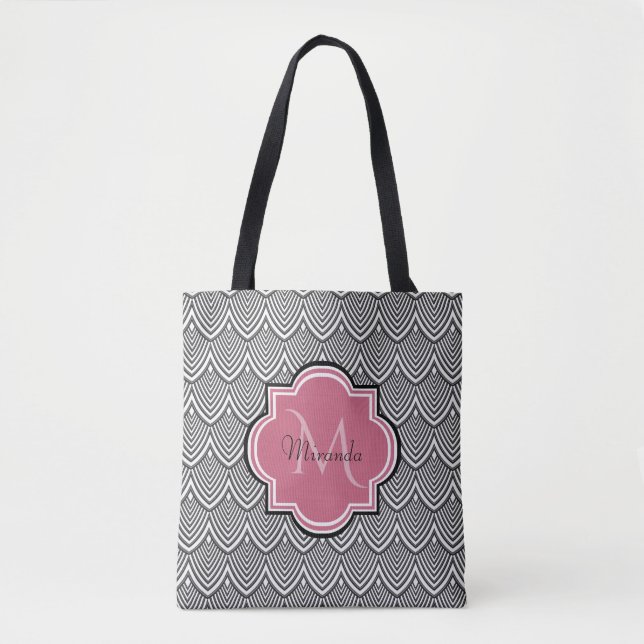 Bolso De Tela Vieiras negras de moda Monograma rosa Nombre (Anverso)