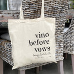 Bolso De Tela Vino antes de la fiesta de la Bachelorette<br><div class="desc">Bienvenidos amigos a su fin de semana de soltera de su país vinícola con esta moda y modernas bolsas de té personalizadas. El diseño presenta "vino antes de las votos" en letras clásicas en serif con su nombre de evento o ocasión bajo escritura cursiva manuscrita. Personalice con el nombre de...</div>