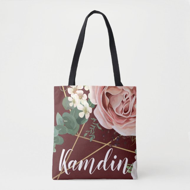 Bolso De Tela Vino Rosa de Jardín Geométrico Personalizado Tote  (Anverso)