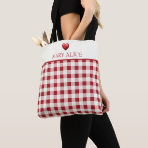 Bolso De Tela Vintage a Cuadros Rojo y Crema Con Corazón