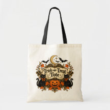 Vintage Black Cat Trick or Treat Halloween Tote