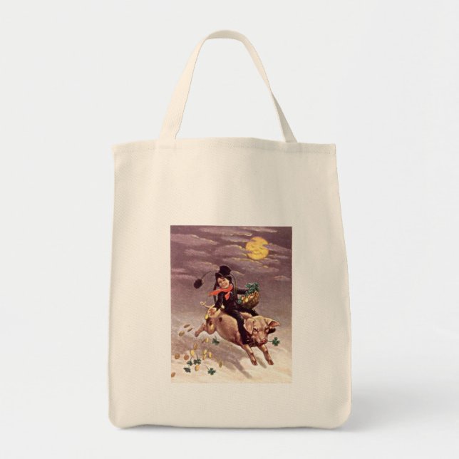 Bolso De Tela Vintage Boy on Pig (Frente)