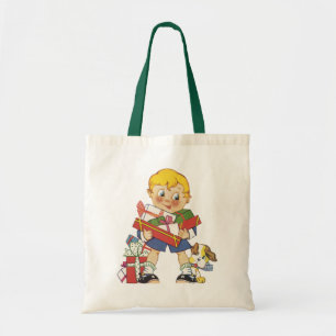 Bolso De Tela Vintage Christmas, Boy with Present and Puppy Dog