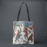 Bolso De Tela Vintage Christmas, Children Snowball Fiesta<br><div class="desc">¡Hermosas bolsas de tote de todo el mundo! ¡Disponible en dos estilos y dos tamaños! Ilustracion Vintage. Imagen de feriado navideño de Feliz Navidad con niños divirtiéndose afuera con una pelea de bolas de nieve. Los niños están arrojando bolas de nieve y construyendo un muñeco de nieve en un día...</div>