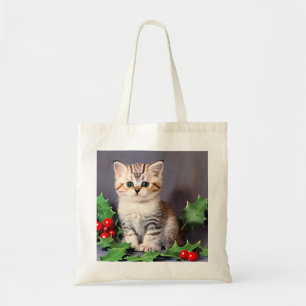 Bolso De Tela Vintage Christmas Kitten and Holly