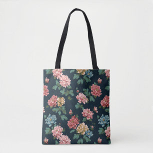 Bolso De Tela Vintage Colorous Peony Pattern sobre fondo negro