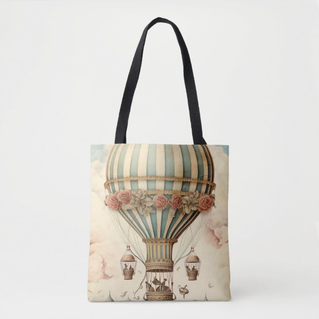 Bolso De Tela Vintage Floral Blue Stripe Hot Air Balloon (Anverso)
