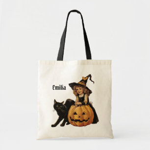 Bolso De Tela Vintage Halloween Bruja con gato negro y calabaza