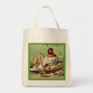 Bolso De Tela Vintage Hen y Chicks de Pascua en la canasta