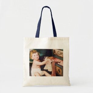 Bolso De Tela Vintage Lindo Niño Jugando con Cómoda de Ropa