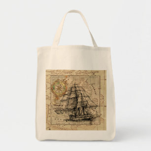 Bolso De Tela Vintage Vailing Ship and Old European Map
