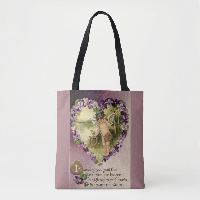 Bolso De Tela Vintage Valentine Cherub y Violets (Anverso)
