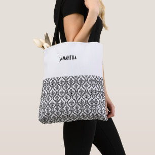 Bolso De Tela Vintage Victorian Damask Brocade Black White Name