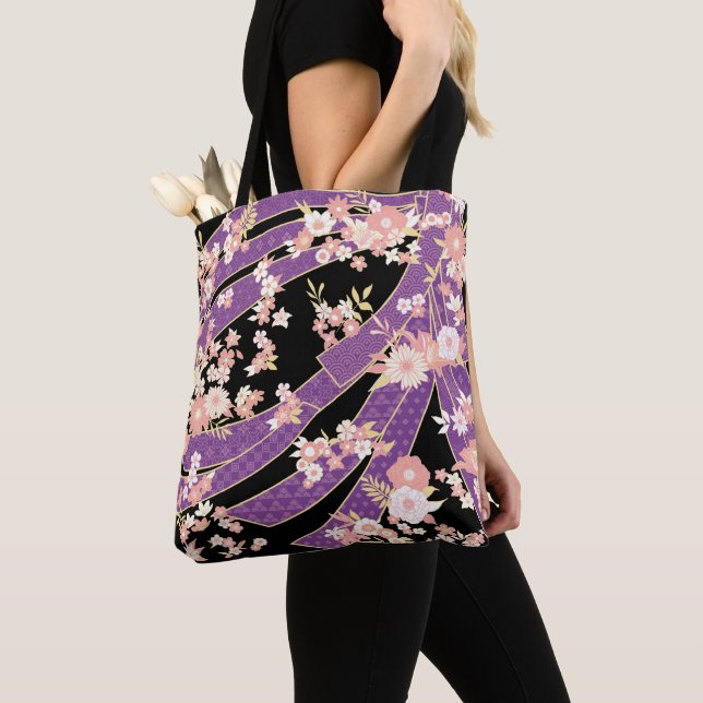 Bolso De Tela Violeta de patrón de Kimono floral (Detalle)
