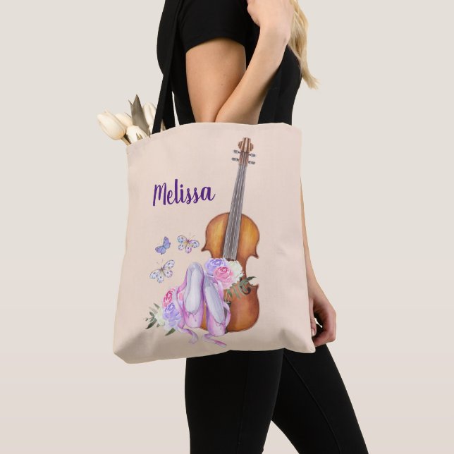 Bolso De Tela Violín, zapatos de ballet, flores y mariposas (Detalle)