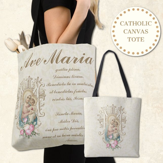 Bolso De Tela Virgen Católica María Ave María Bebé Jesús Floral (Share your love for Our Blessed Mother, Our Lady of Salvation. )