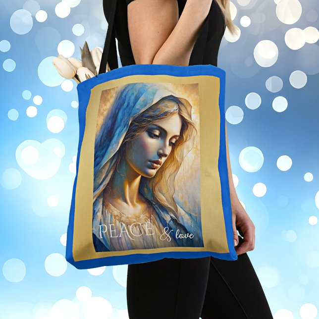 Bolso De Tela Virgen Cristiana Dorada (Christian tote bag featuring a portrait of the Virgin Mary on sparkling gold with royal blue)