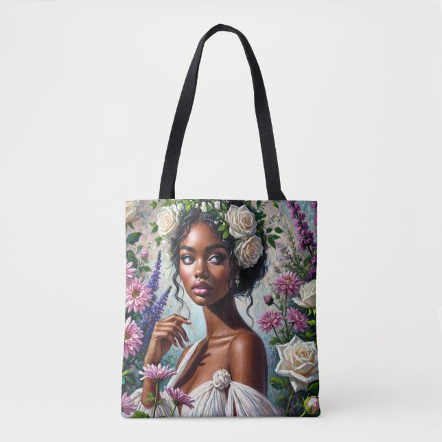 Bolso De Tela Virgo Mujer Negra con Rosas y crisantemo (Anverso)