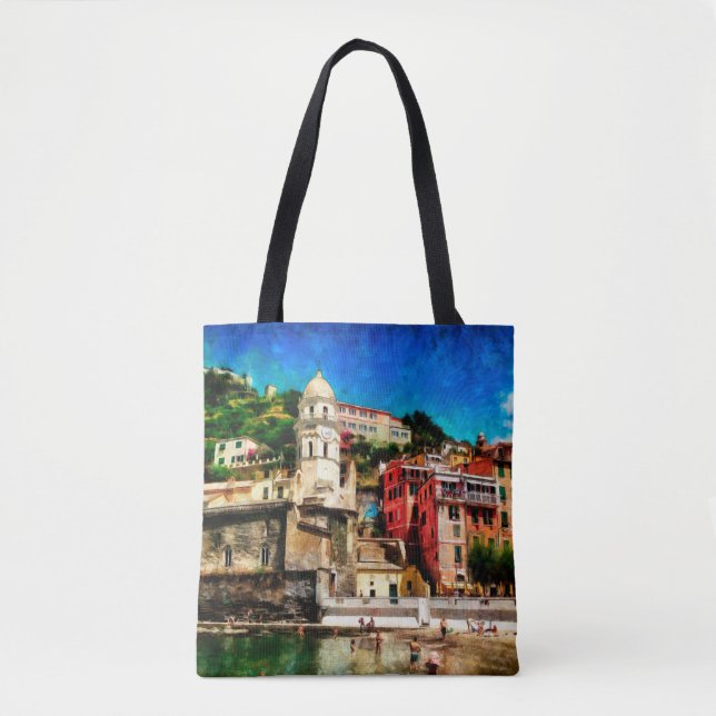 Bolso De Tela Vista de Vernazza, Italia. Cono de pintura acuarel (Anverso)