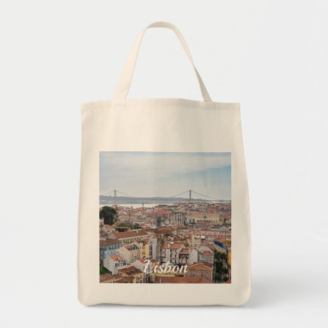 Bolso De Tela Vista del casco antiguo de Lisboa y el puente del  (Frente)