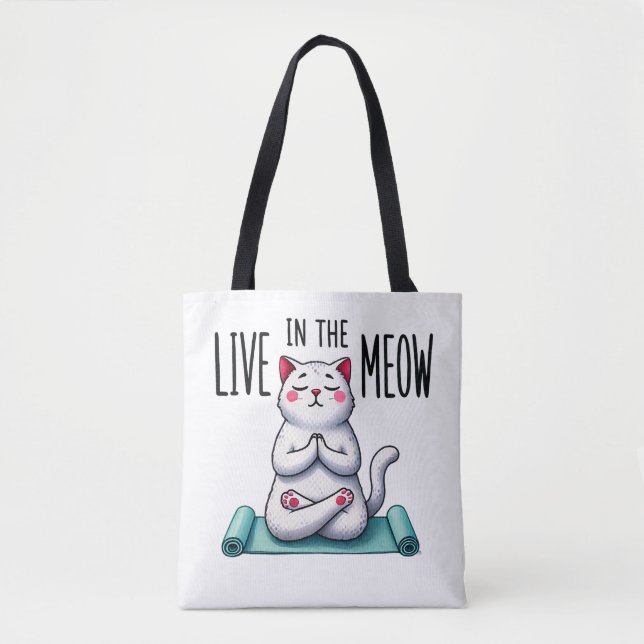 Bolso De Tela "Vive en el Meow" Gracioso Gato Lover (Anverso)