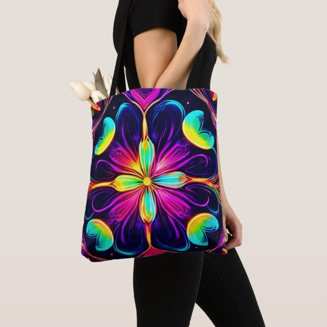 Bolso De Tela Vivid Neon Floral Mandala Art (Detalle)