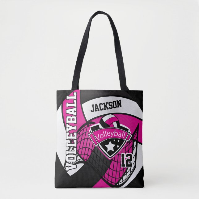 Bolso De Tela Voleibol rosa caliente, negro y blanco (Anverso)