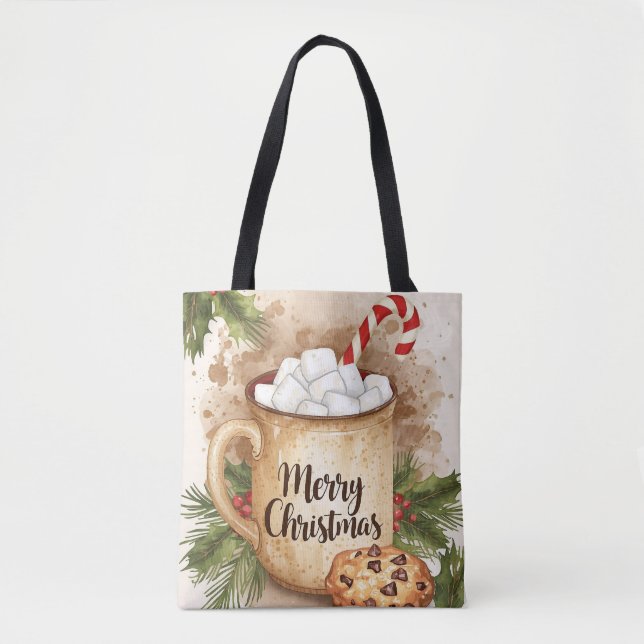 Bolso De Tela Warm cocoa merry Christmas cookie holly rustic (Anverso)
